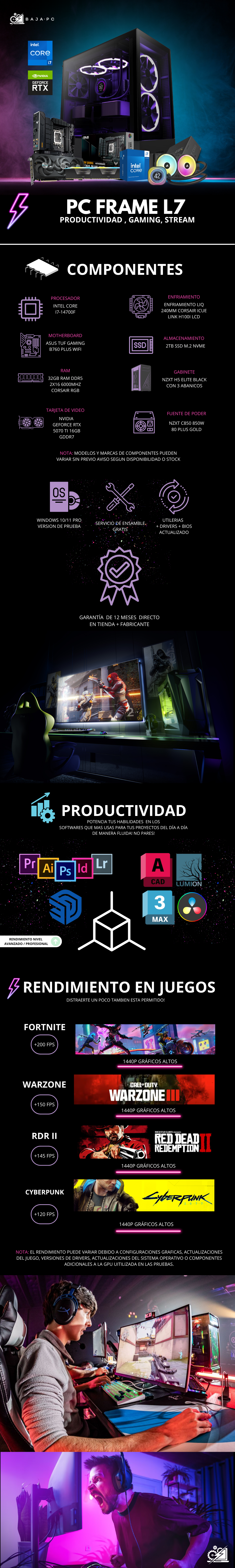 PC FRAME L7 / INTEL CORE I7-14700F / RTX 5070 TI / 32GB RAM DDR5 / 2TB SSD NVME / ENFRIAMIENTO LIQ 240MM / FUENTE 850W 80+ GOLD / PROMOCION