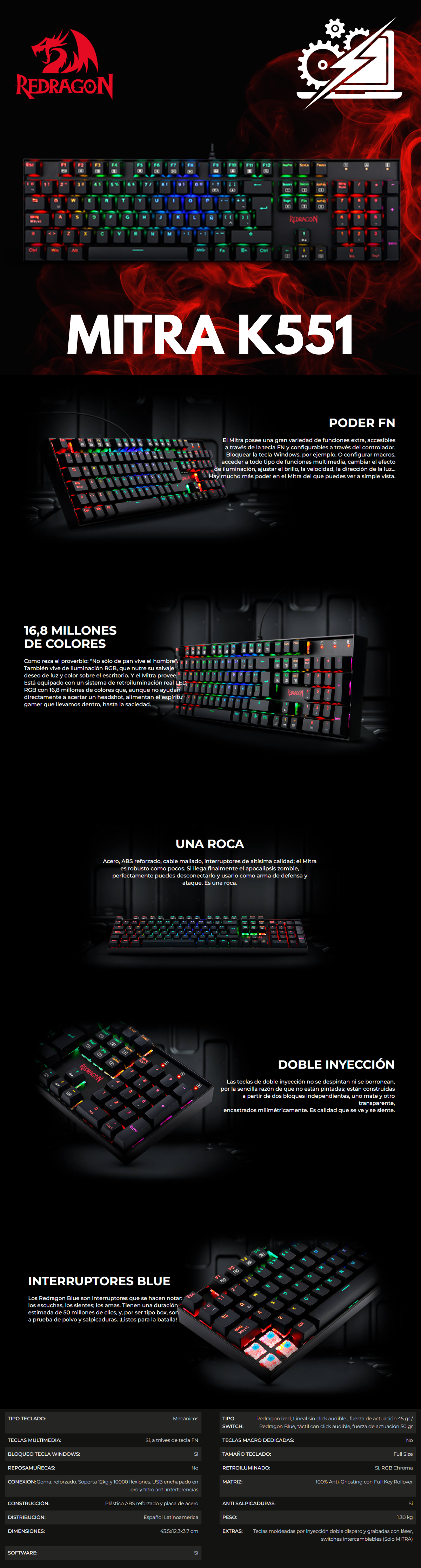 Teclado Gamer Redragon Mitra K551 RGB / Teclado Mecánico / Switch Red / Alámbrico / Español / K551RGB-1 SP