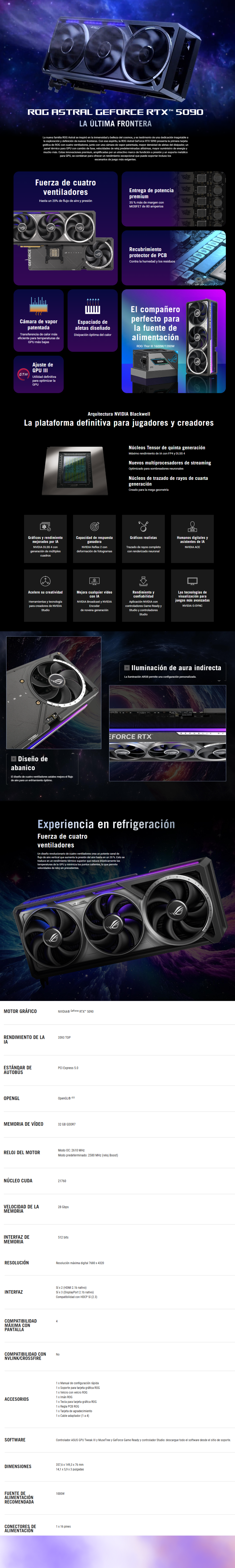 Tarjeta de Video ASUS ROG ASTRAL GeForce RTX 5090 OC Edition / 32GB GDDR7 / 512-bit / PCI Express 5.0 / DisplayPort x3 / HDMI x2 / ROG-ASTRAL-RTX5090-O32G-GAMING