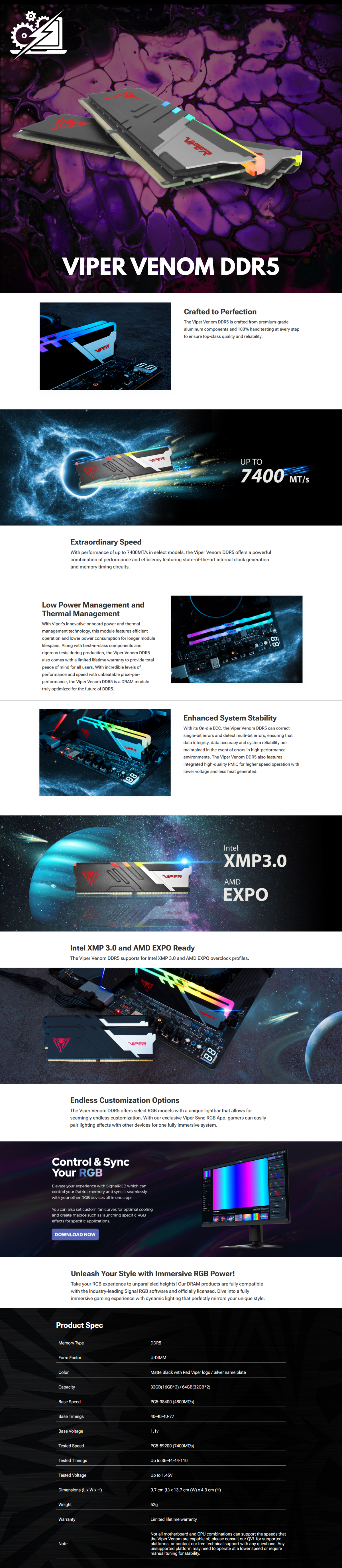 Kit Memoria RAM Patriot Viper Venom RGB DDR5 / 5600MHz / 32GB (2 x 16GB) / ECC / CL40 / XMP / PVVR532G560C36K