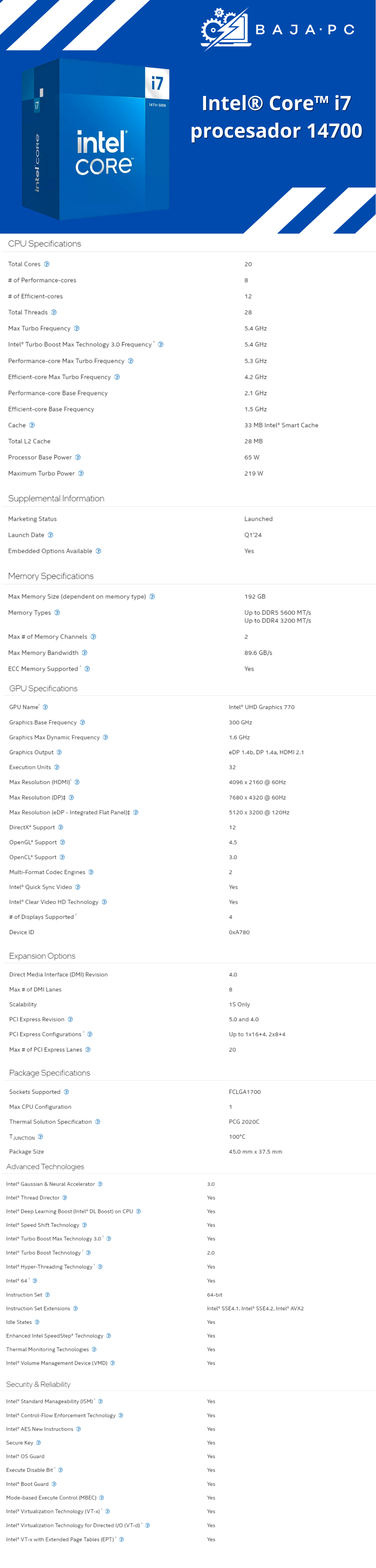 Procesador Intel Core i7-14700 / LGA1700 / 2.10GHz, 20-Core / 33MB Smart Cache / 14va. Generación / Intel UHD GRaphics 770 / Raptor Lake / BX8071514700