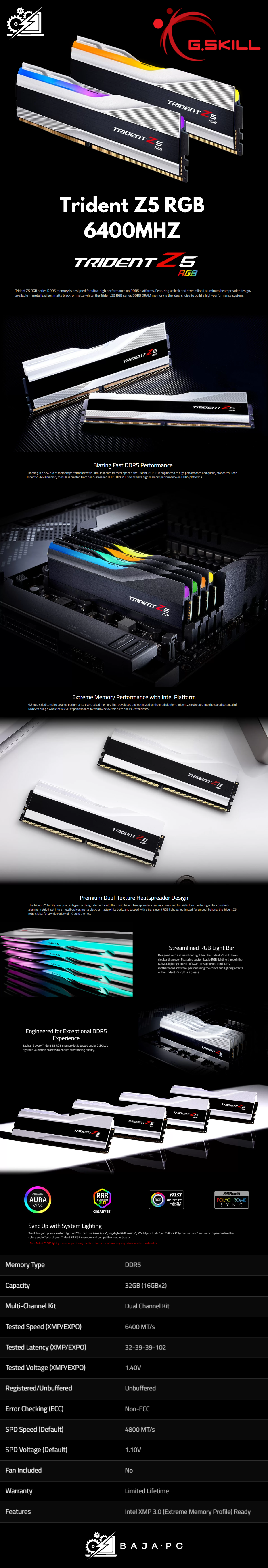 Memoria RAM G.Skill Trident Z5 RGB DDR5 / 6400MHz / 32GB (2x16GB) / Non-ECC / CL32 / XMP / Negro / F5-6400J3239G16GX2-TZ5RK/ SOLO VENTA EN ENSAMBLE