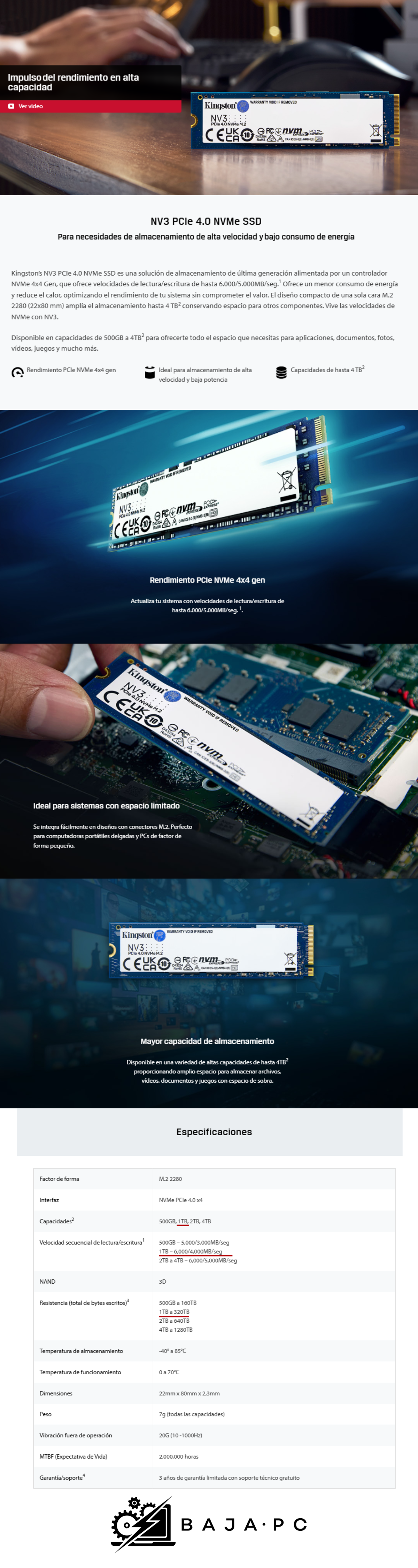 Unidad de Estado Sólido SSD Kingston SNV3S NVMe / 1TB / PCI Express 4.0 / M.2 / SNV3S/1000G