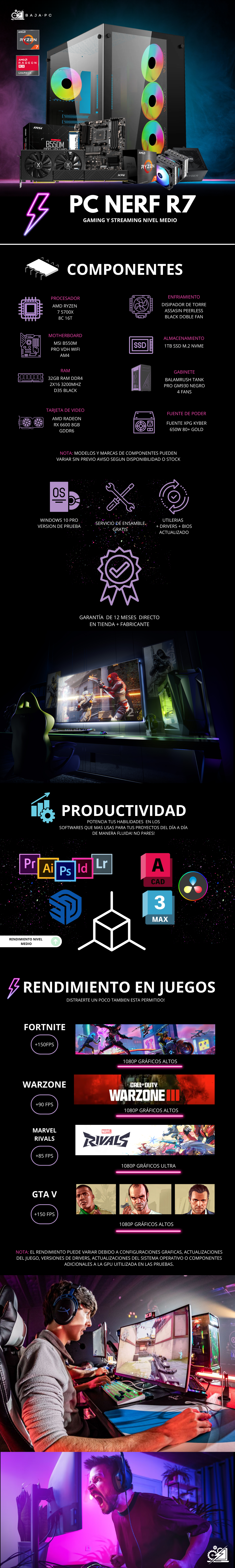 PC NERF R7 / AMD RYZEN 7 5700X / RADEON RX 6600 / 32GB RAM / 1TB SSD M.2 NVME / DISIPADOR DE TORRE DOBLE FAN / FUENTE 650W 80+ GOLD / PROMOCION