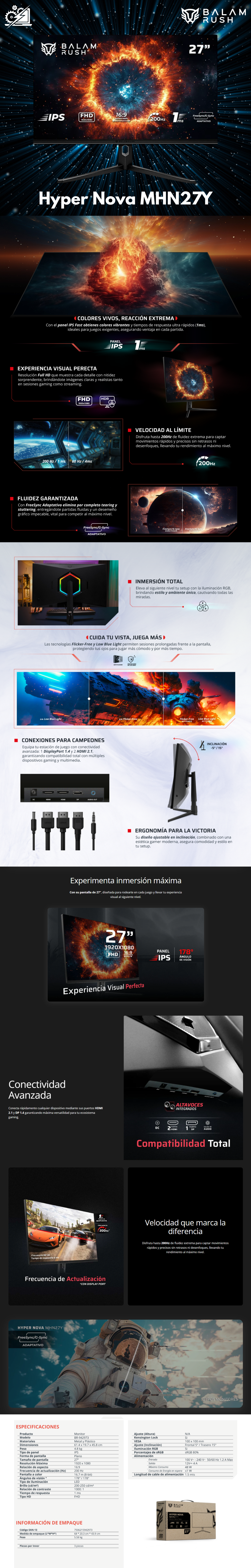 Monitor Gamer Balam Rush Hyper Nova MHN27Y LED 27", 1920x1080 Full HD, G-Sync/FreeSync, 200Hz, HDMI/DisplayPort, Negro