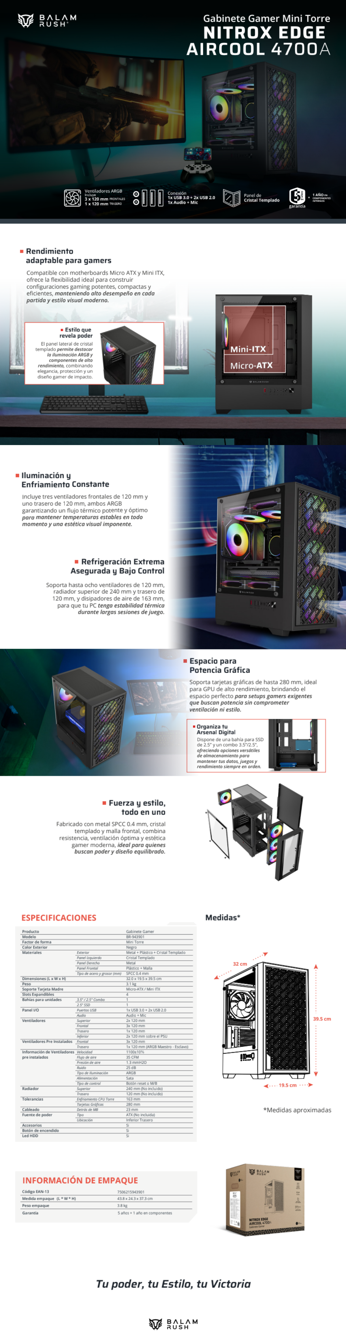 Gabinete Gamer Compact Mini Torre Nitrox Edge Aircool 4700A | Negro