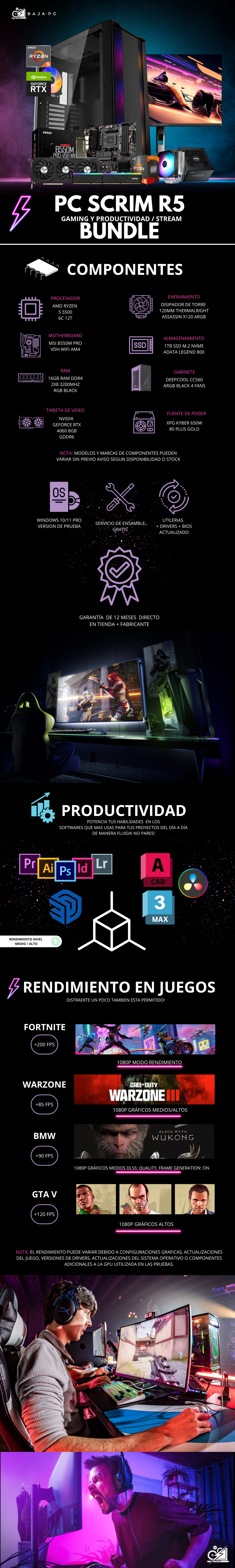 PC SCRIM R5 BUNDLE / AMD RYZEN 5 5500 / RTX 4060 / 16GB RAM / 1TB SSD NVME / DISIPADOR DE TORRE ARGB / FUENTE 650 80+ GOLD / INCLUYE MONITOR 23/8" FHD 165HZ 1MS / PROMOCION