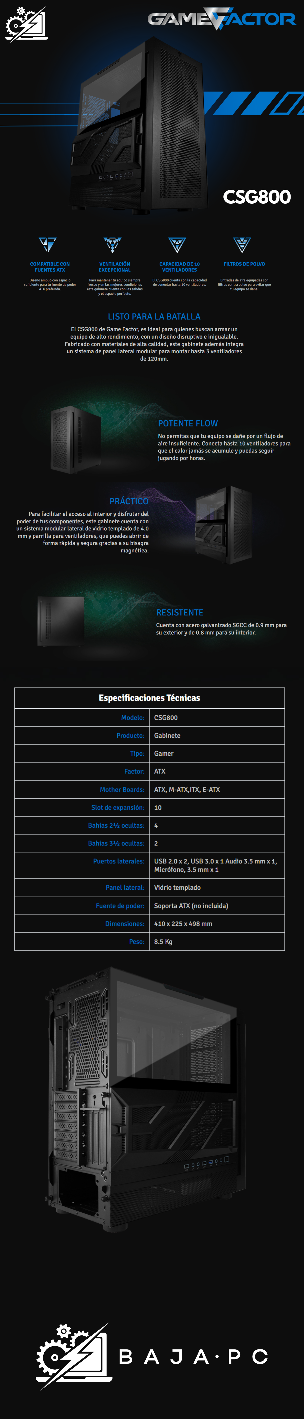 Gabinete Gamer Game Factor CSG800 Black / Atx / Cristal Templado / Filtro Para Polvo / Usb 3.0 / Negro / CSG800