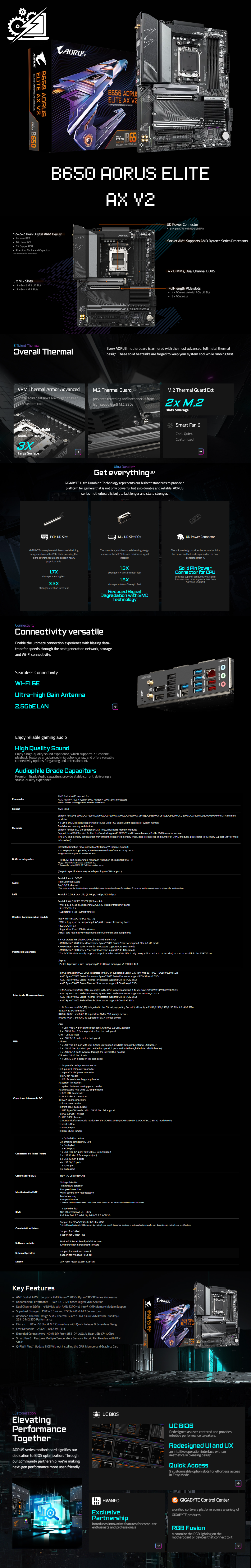 Tarjeta Madre Gigabyte B650 AORUS ELITE AX V2 / ATX / AM5 / AMD B650 / Up to 256GB DDR5 / HDMI/DP / B650 A ELITE AX V2
