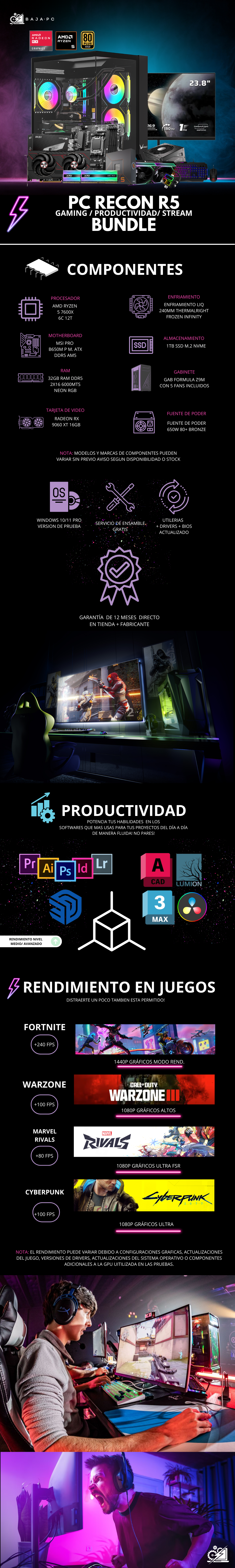 PC RECON R5/ AMD RYZEN 5 7600X / RADEON RX 9060 XT 16G / 32GB RAM DDR5 / 1TB SSD NVME / ENFRIAMIENTO LIQ 240MM / FUENTE 650W 80+ BRONZE/ B650M/ MONITOR 23.8" FHD 165HZ 1MS/ KIT TECLADO Y MOUSE / PROMOCION