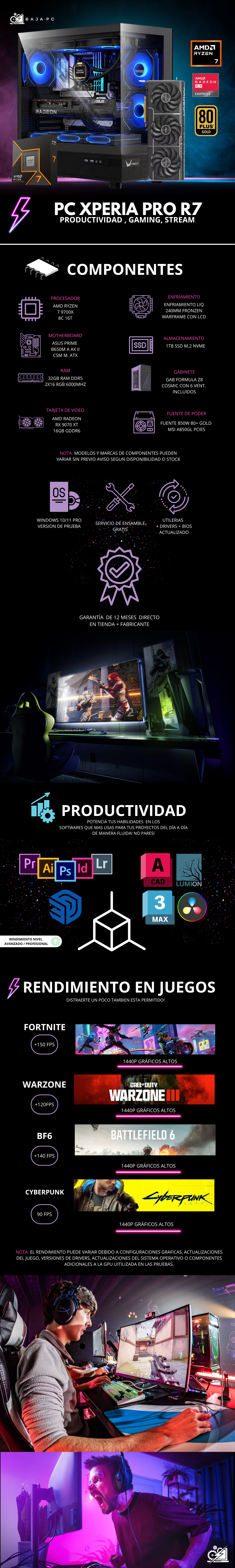 PC XPERIA PRO R7 / AMD RYZEN 7 9700X / RADEON RX 9070 XT 16G / 32GB RAM DDR5/ 1TB SSD NVME / ENFRIAMIENTO LIQ 240MM CON PANTALLA/ FUENTE 850W 80+ GOLD / PROMOCION