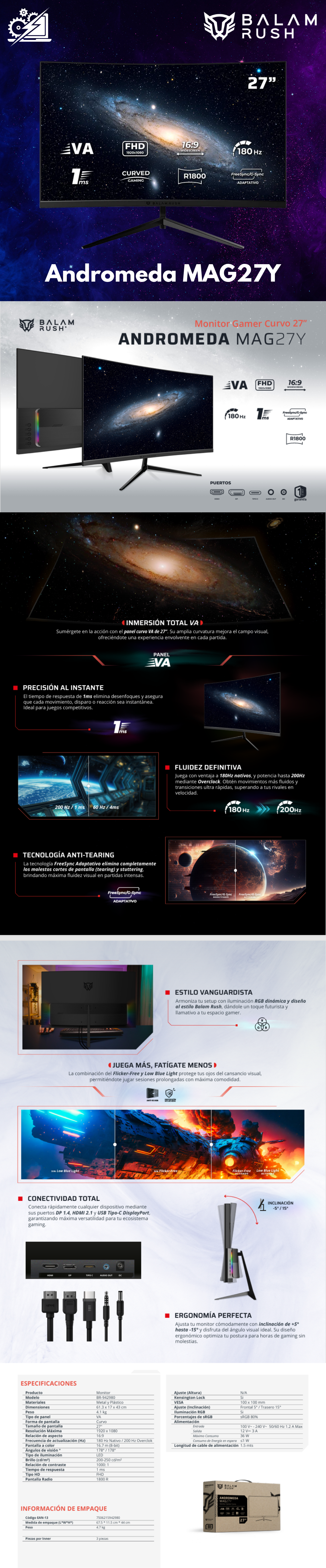 Monitor Gaming Curvo Balam Rush Andromeda MAG27Y / 27" FHD / 180HZ / 1MS / Freesync / Gsync / Negro