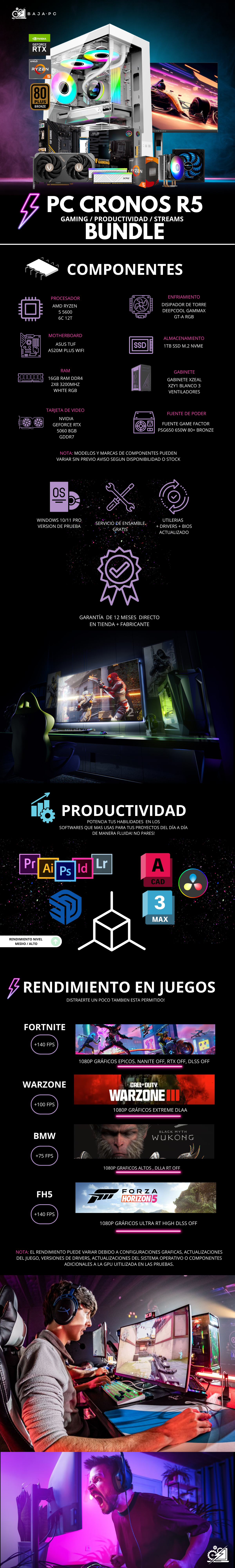 PC CRONOS R5 BUNDLE / AMD RYZEN 5 5600 / RTX 5060 / 16GB RAM / 1TB SSD M.2 NVME / DISIPADOR DE TORRE/ FUENTE 650W 80+ BRONZE/ INCLUYE MONITOR 24" FHD 165HZ 1MS IPS / PROMOCION