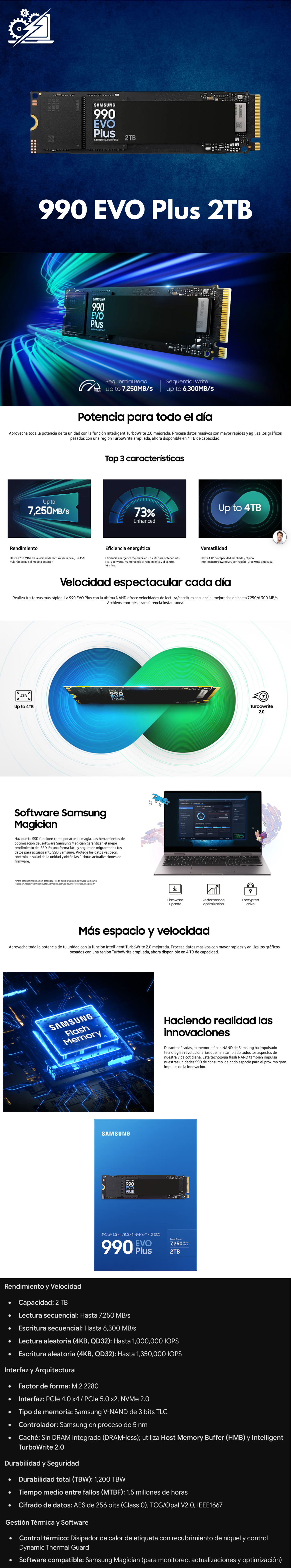 Samsung 990 EVO Plus SSD 2TB M.2 NVMe, PCIe Gen 4x4 / Gen 5x2, Lectura 7250 MB/s, Escritura 6300 MB/s, TurboWrite 2.0, Control Térmico