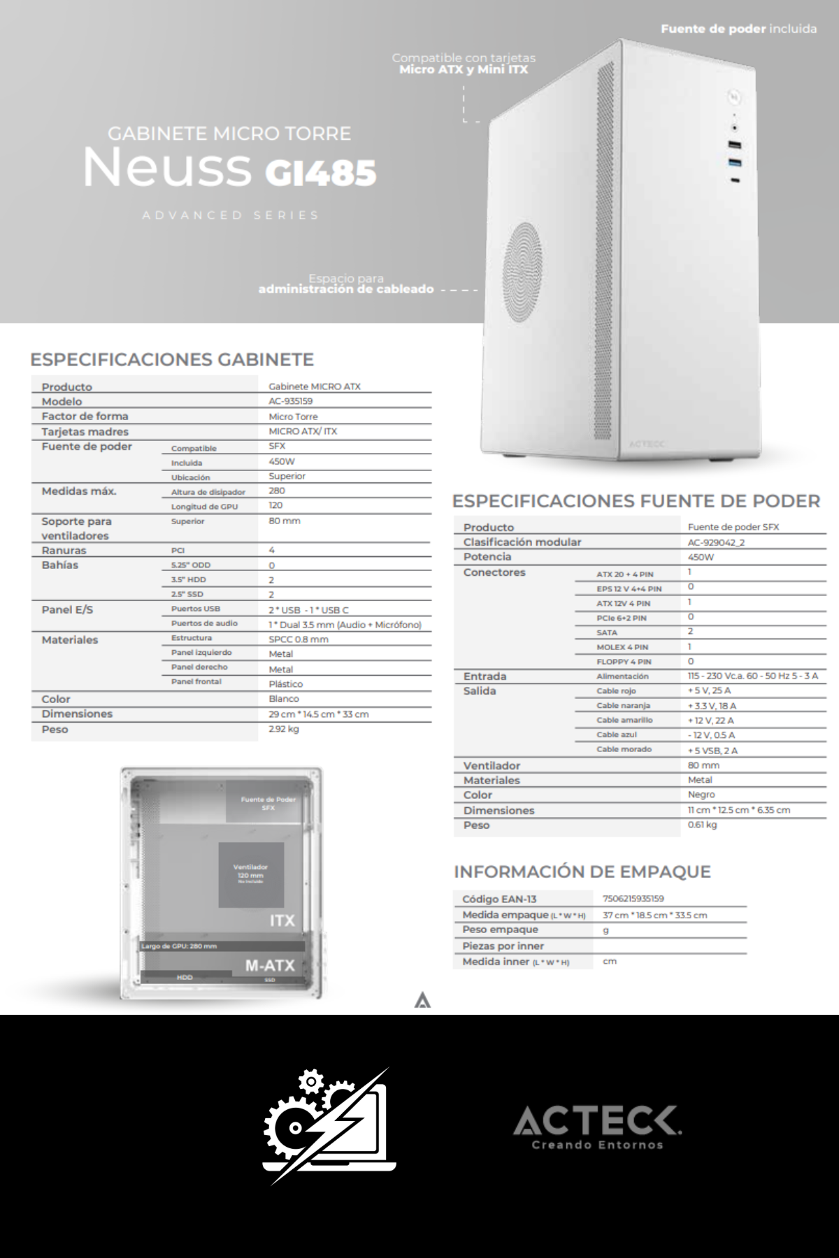 Gabinete Acteck Neuss GS480 Blanco / Mini Torre Slim / Incluye fuente 500W / 1 ventilador incluido