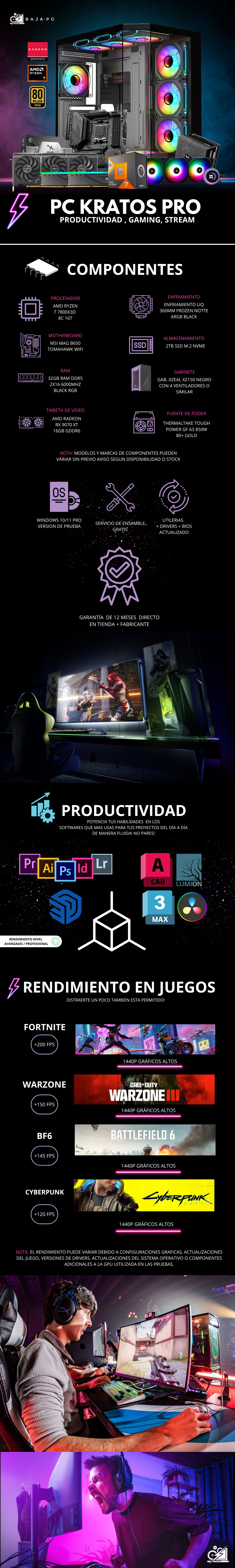 PC KRATOS PRO / AMD RYZEN 7 7800X3D / RADEON RX 9070 XT / 32GB RAM DDR5 / 2TB SSD NVME / ENFRIAMIENTO LIQ 360MM / FUENTE 850W 80+ GOLD / W11 PRO / PROMOCION