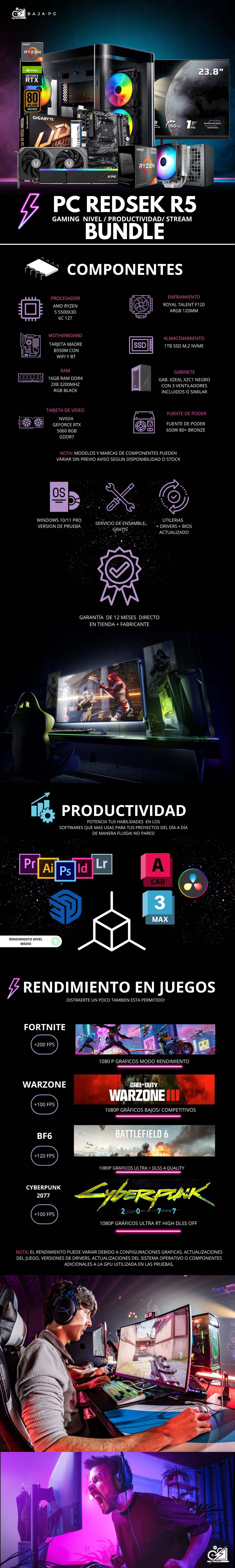 PC REDSEK R5 BUNDLE / AMD RYZEN 5 5500X3D / RTX 5060 / 16GB RAM / 1TB SSD NVME / DISIPADOR DE TORRE ARGB / FUENTE 650W 80+ BRONZE / WIFI / BLUETOOTH/ MONITOR 23.8" FHD 165HZ 1MS / W11 PRO / PROMOCION