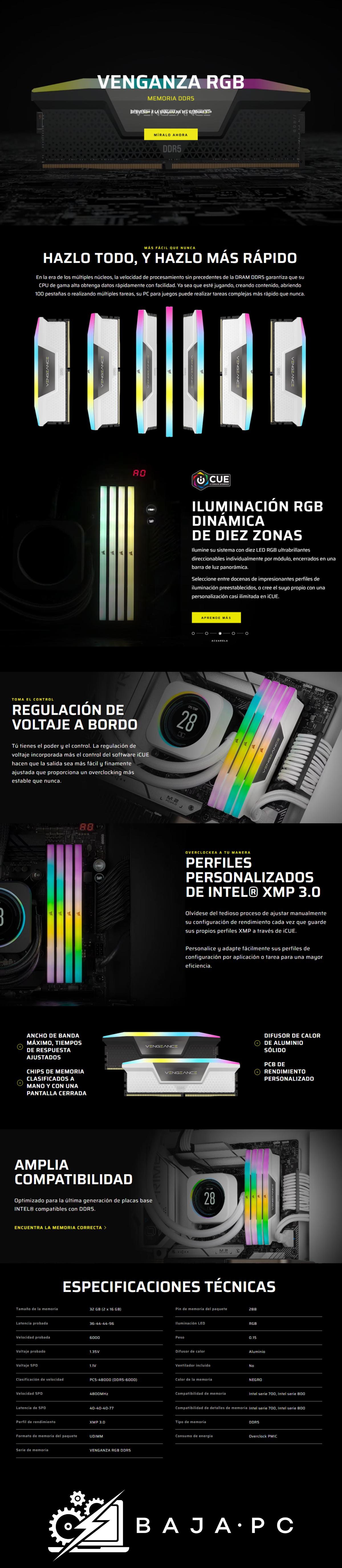 Memoria RAM Corsair Vengeance, 32GB, 2x16, DDR5, 6000Mhz, RGB, Gris - CMH32GX5M2E6000Z36
