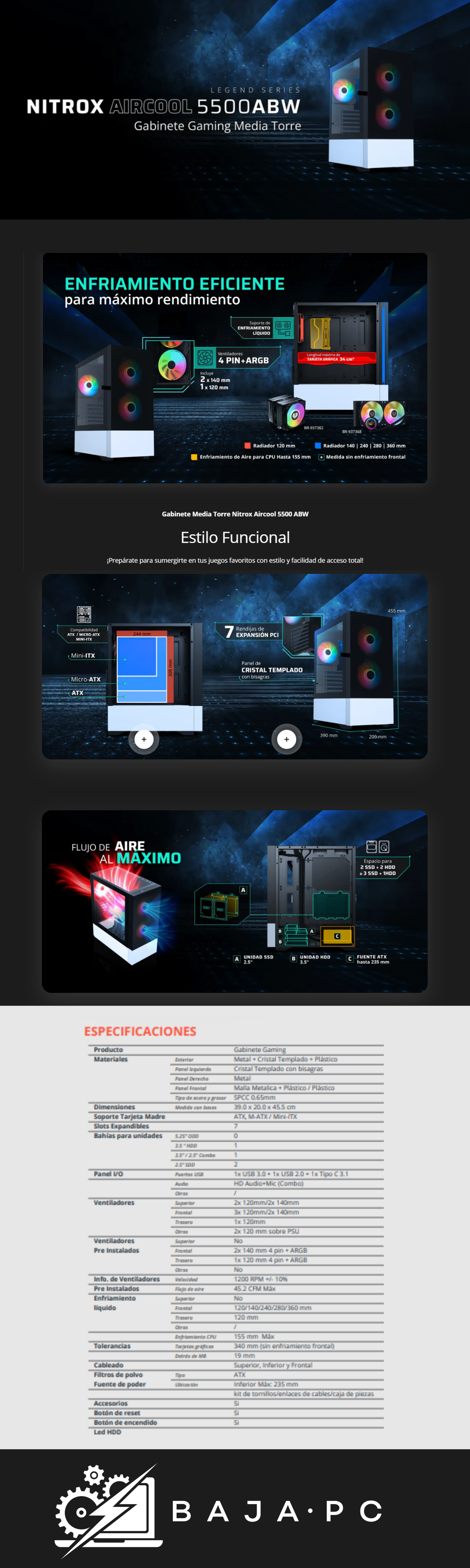 Gabinete Balam Rush Nitrox Aircool 5500 ABW, Midi-Tower, Micro-ATX/Mini-ITX, USB 2.0/3.0, sin Fuente, 3 Ventiladores Instalados, Negro/Blanco