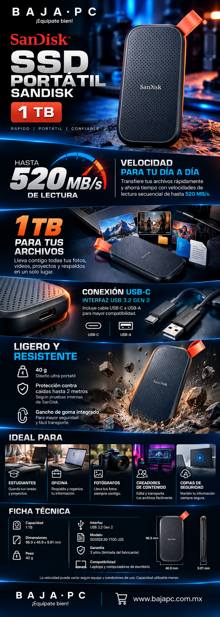 SSD portátil SanDisk 1TB / SDSSDE30-1T00-J25
