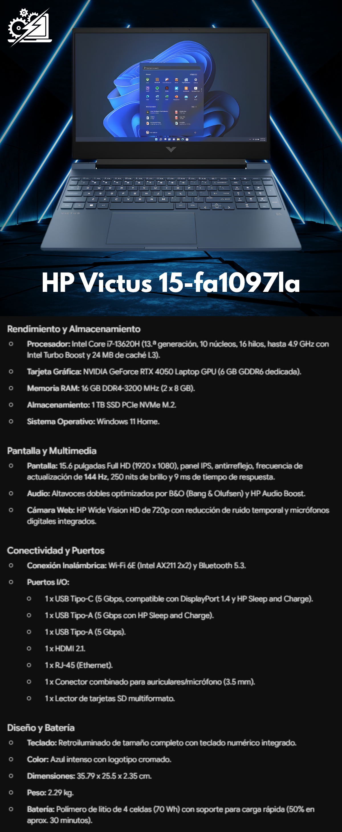 HP Victus 15-fa1097la / Intel Core i7-13620H / GeForce RTX 4050 / 16 GB DDR4 / 1 TB / 15.6" / *Equipo outlet de exhibición*