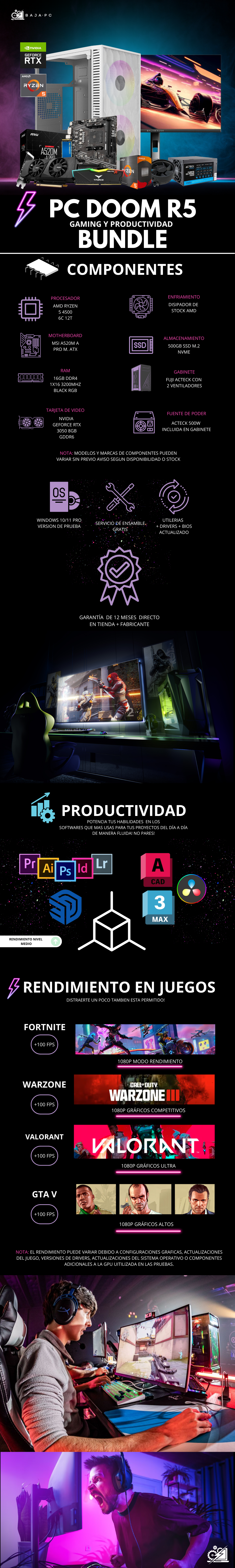 PC DOOM R5 / AMD RYZEN 5 4500 / RTX 3050 / 16GB RAM / 500GB SSD NVME / FUENTE 500W / DISIPADOR DE STOCK/ INCLUYE MONITOR 23.8" 165HZ 1MS / / PROMOCION