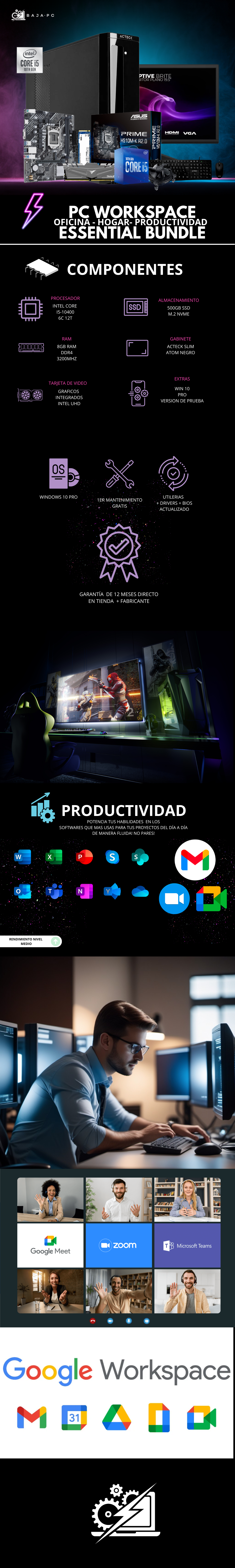 INTEL PC WORKSPACE ESSENTIAL BUNDLE / INTEL CORE I5-10400 / 8GB RAM / 500GB SSD M.2 NVME / FUENTE 500W / MONITOR 19.5" HD / KIT TECLADO Y MOUSE / PROMOCION