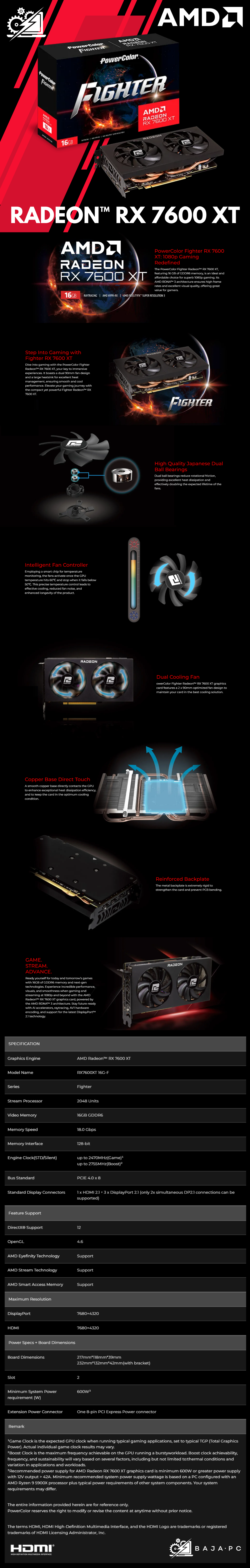 Tarjeta de Video Power Color Radeon Fighter RX 7600 XT / 16GB GDDR6 / HDMI 3xDP / AMD RDNA 3 / RX 7600 XT 16G-F /SOLO VENTA EN ENSAMBLE