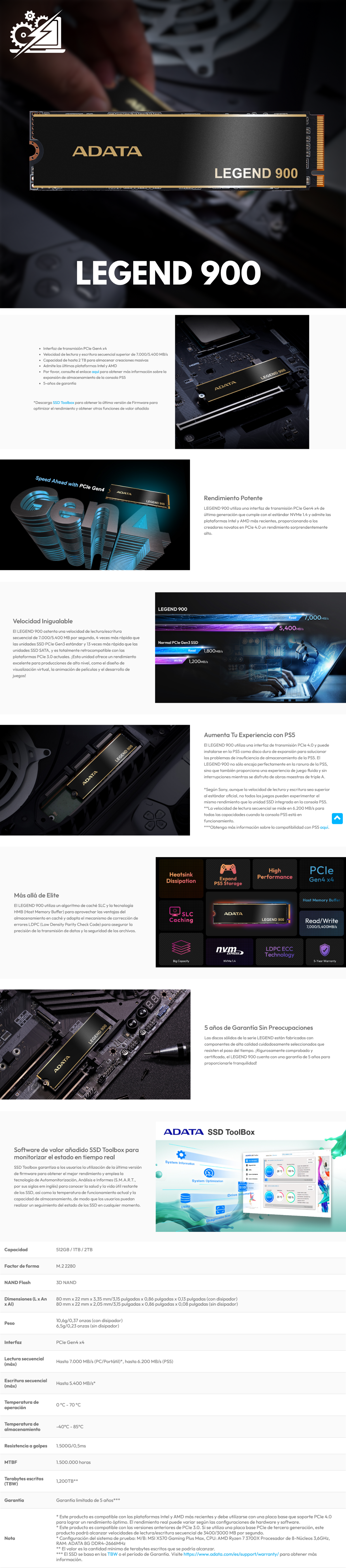 Unidad de Estado Sólido SSD Adata Legend 900 NVMe / 512GB / PCI Express 4.0 / M.2 / SLEG-900-512GCS