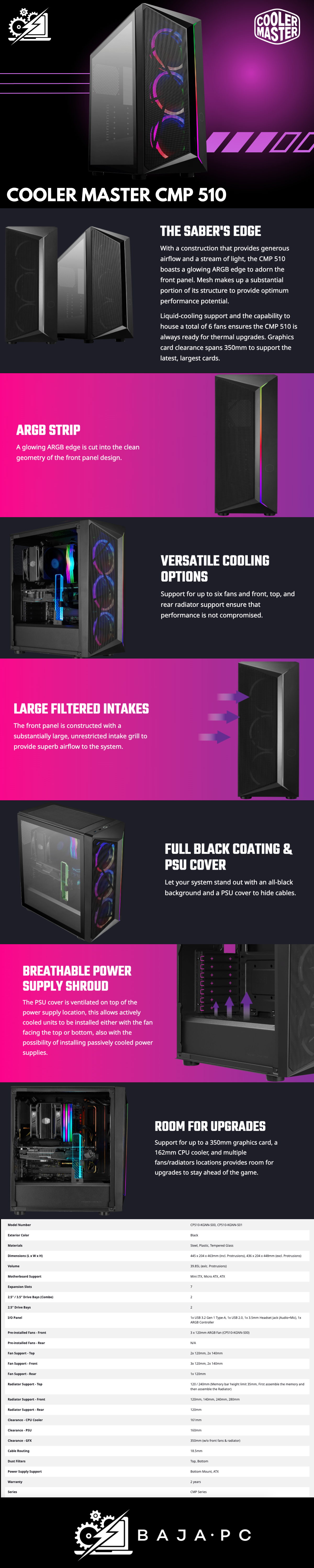 Gabinete Cooler Master CMP 510 Black / Cristal Templado / 3 Ventiladores RGB / ATX / USB 3.0 / CP510-KGNN-S00
