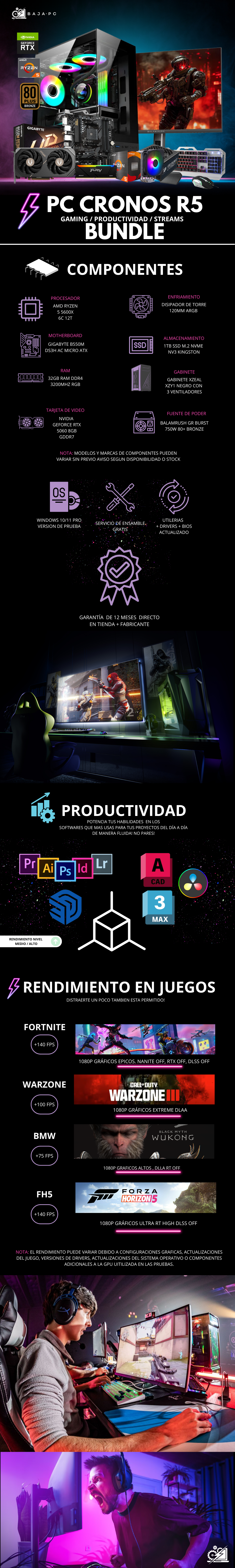 PC CRONOS R5 BUNDLE / AMD RYZEN 5 5600X / RTX 5060 / 32GB RAM / 1TB SSD NVME / FUENTE 750W 80+ BRONZE/ DISIPADOR DE TORRE / INCLUYE MONITOR 27" QHD IPS 165HZ / TECLADO Y MOUSE / PROMOCION