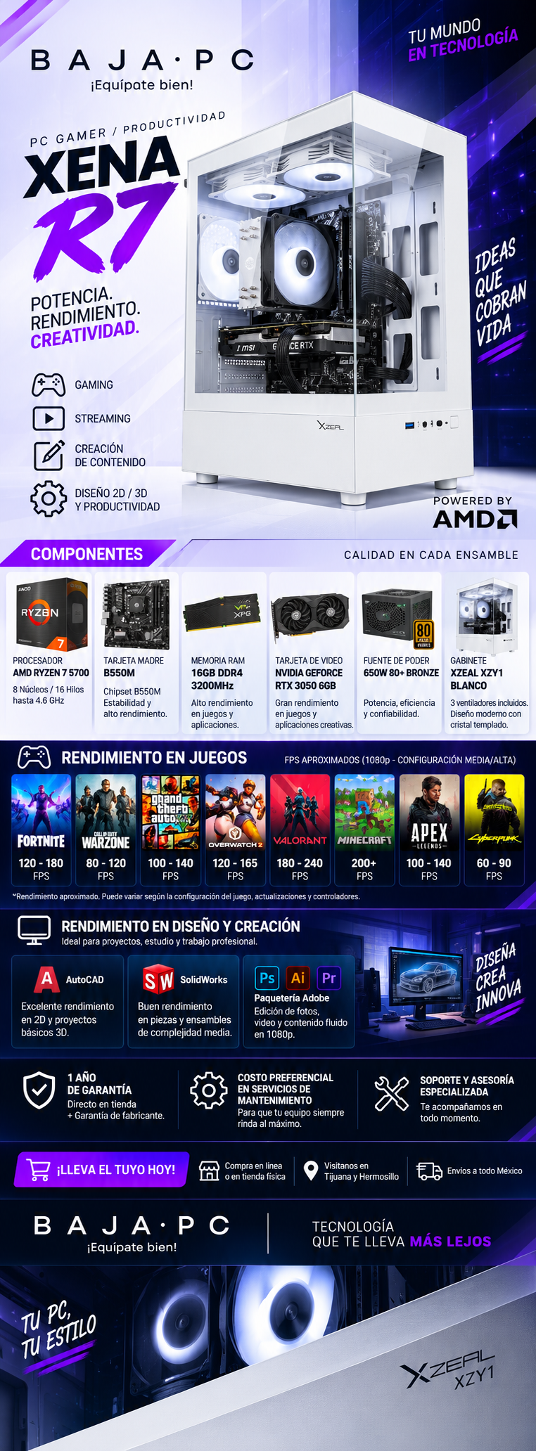 PC XENA R7 / AMD RYZEN 7 5700 / RTX 3050 / 16GB RAM / 1TB SSD NVME / DISIPADOR DE TORRE / 650W 80+ BRONZE / W11 PRO / PROMOCION