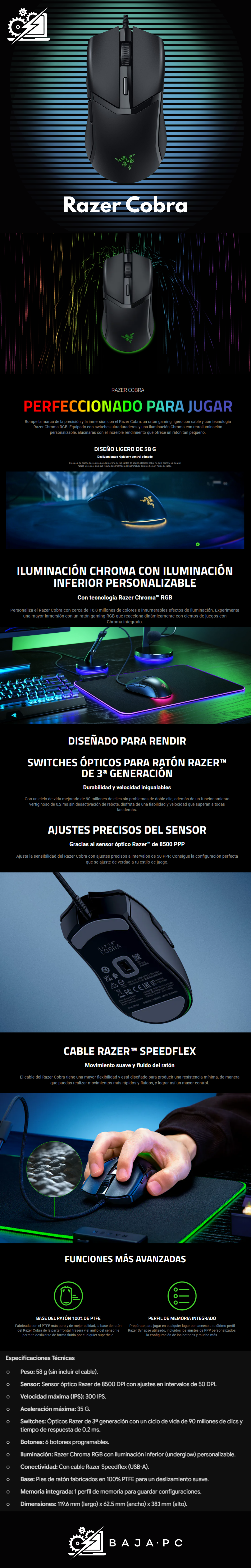 Razer Cobra Mouse para Juegos con Cable: Peso 58g - Interruptores Ópticos Gen-3 - Iluminación Chroma RGB con Luz Inferior - Sensor Óptico Preciso De 8500 dpi - Negro