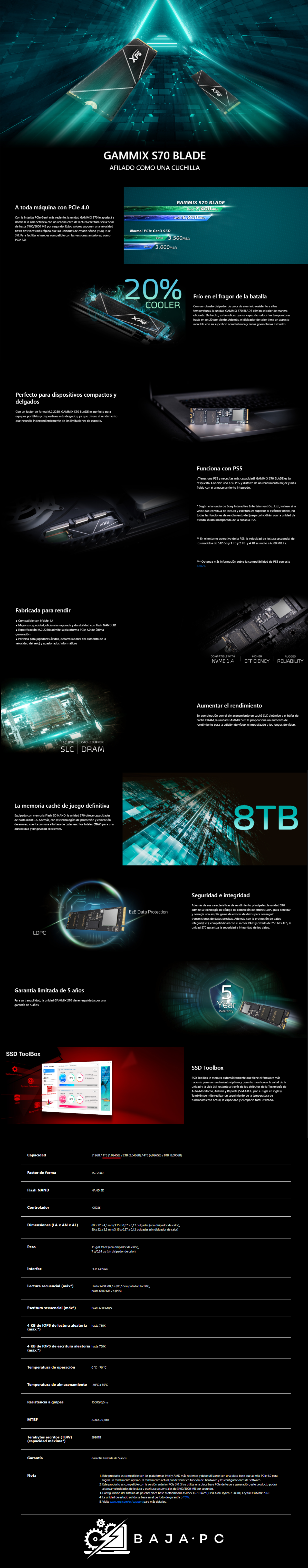 Unidad de estado Solido SSD M.2 Nvme 1TB ADATA XPG Gammix S70 BLADE / Lectura 7400MB/s Escritura 6800MB/s / AGAMMIXS70B-1T-CS