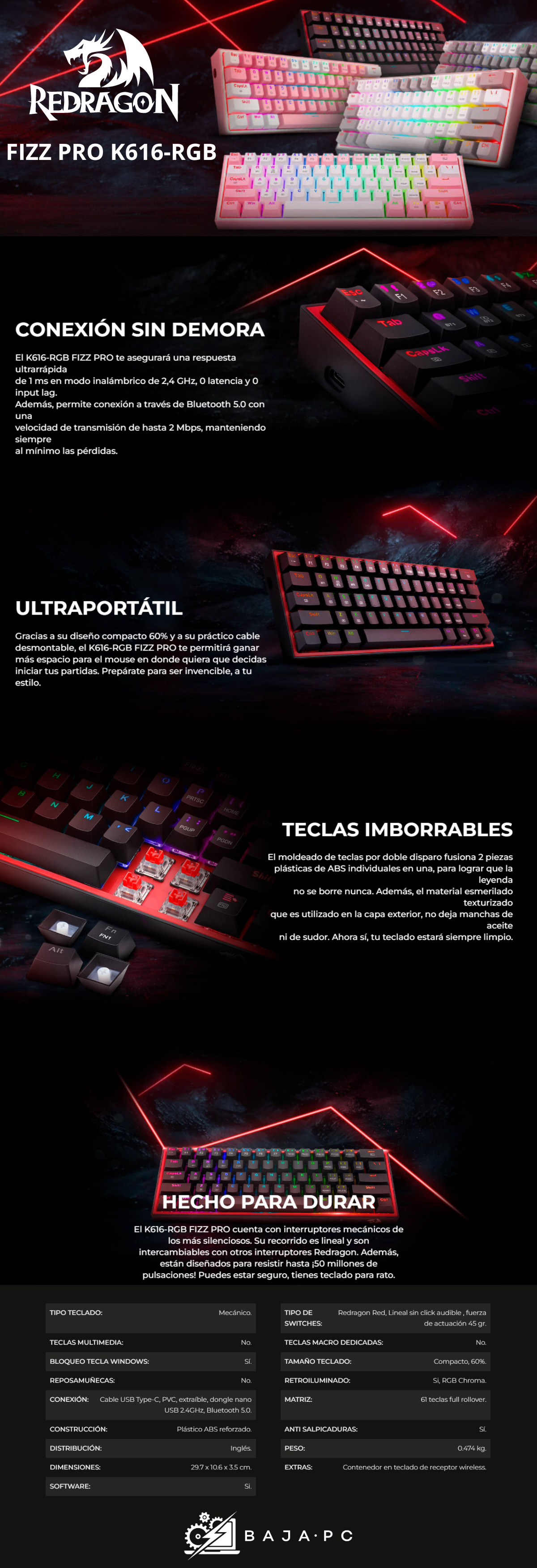 Teclado Gamer Mecanico 60% Redragon Fizz Pro Black / Switches Redragon Red / Inalambrico / USB 2.4Ghz / Bluetooth 5.0 / Iluminacion RGB / K616-RGB BLACK / Inglés