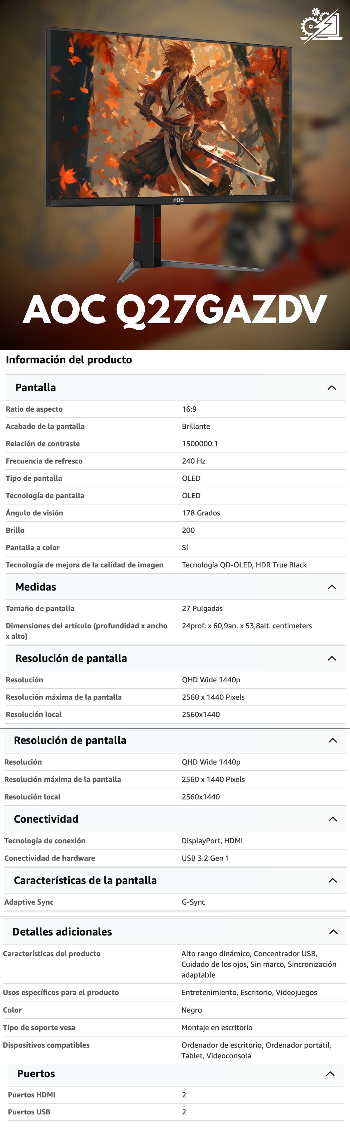 Monitor de juegos AOC de 27 pulgadas OLED (QD-OLED), 1440p QHD 2560x1440, 240Hz, 0.03ms, HDMI 2.1, compatible con G-SYNC, HDR True Black, soporte de altura ajustable, USB Hub, Q27GAZDV