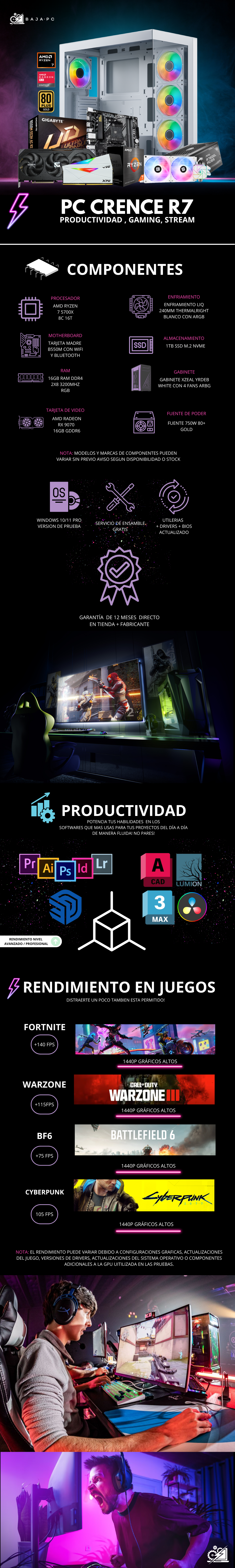 PC CRENCE R7 / AMD RYZEN 7 5700X / RX 9070 16GB / 16GB RAM / 1TB SSD NVME / 750W 80+ GOLD / ENFRIAMIENTO LIQ 240MM / W11 PRO / PROMOCION