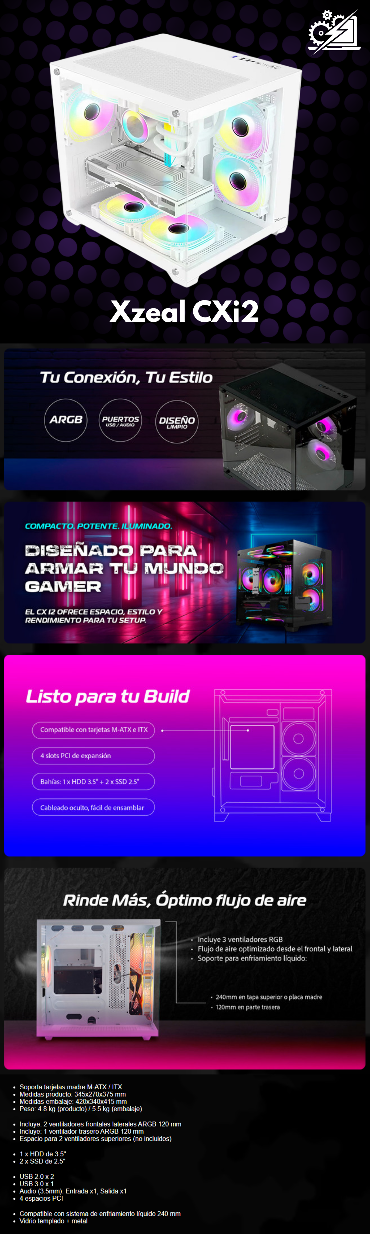 Gabinete Xzeal CXi2, Micro-ATX, Cristal Templado, 3x Ventiladores ARGB, Blanco