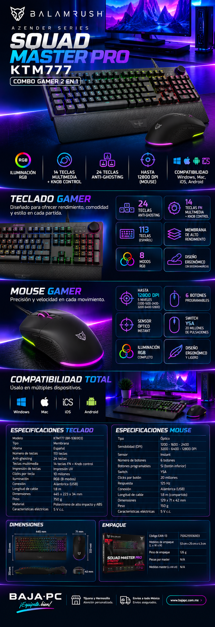 Kit Teclado y Mouse Balam Rush SQUAD MASTER PRO KTM777 AZENDER SERIES/ NEGRO