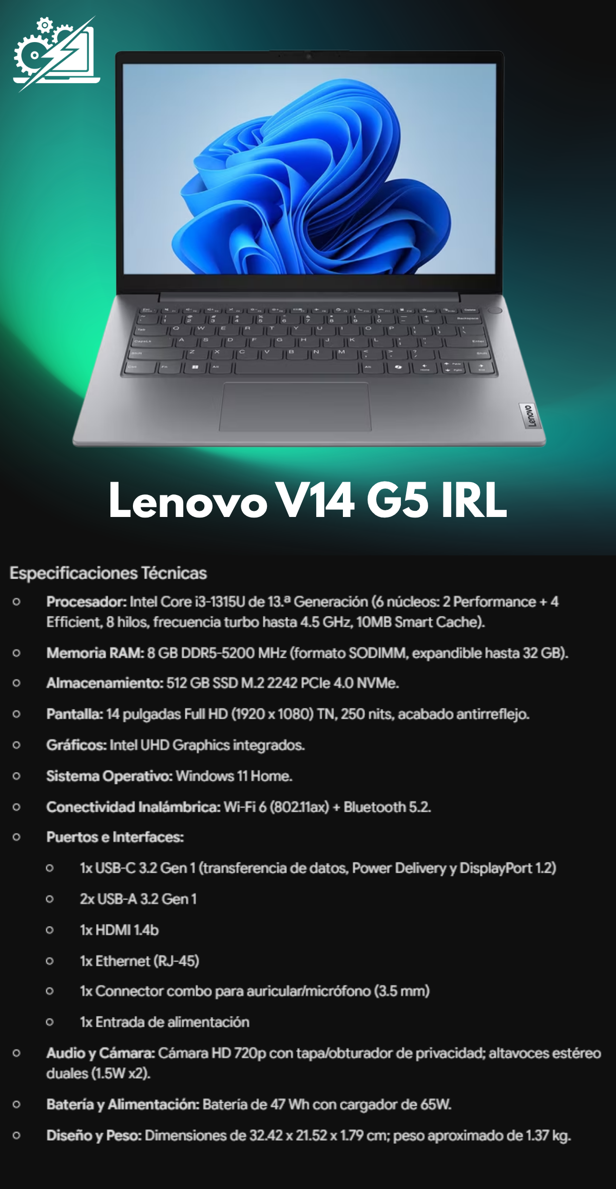 Laptop Lenovo V14 G5 IRL Intel Core i3-1315U, 8 GB, 512 GB, W11 Home, 3 años de garantía
