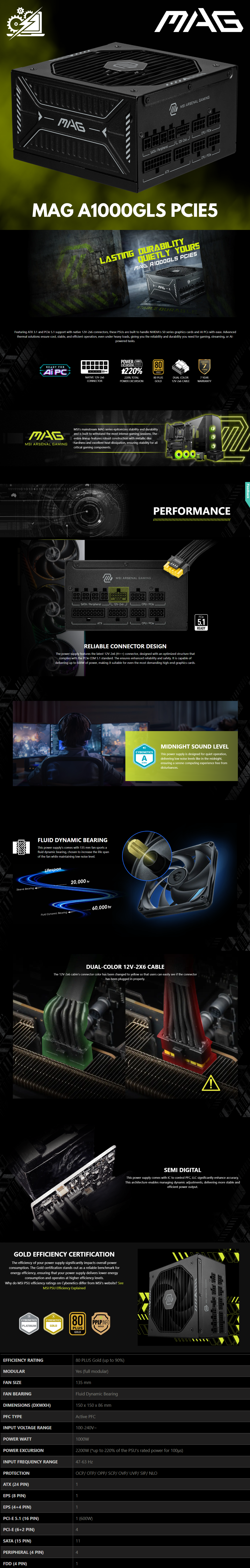 Fuente de Poder MSI MAG A1000GLS PCIE5 80 PLUS Gold, Modular, 24-pin ATX, 12VHPWR, 135mm, 1000W
