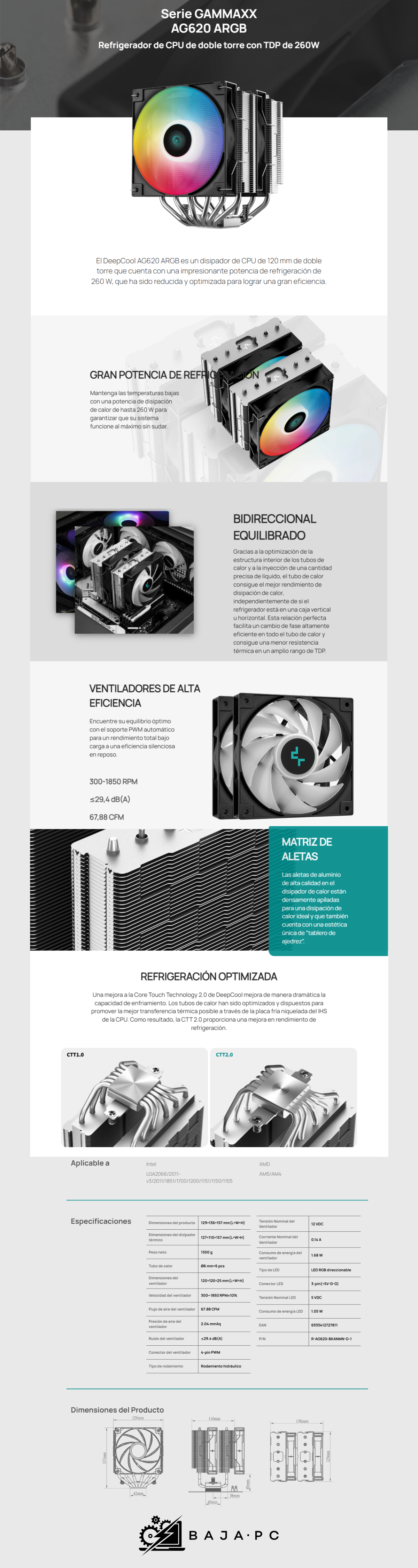 Disipador CPU DeepCool AG620 ARGB/ 120mm / 300-1850RPM / Negro con Plata / R-AG620-BKANMN-G-1