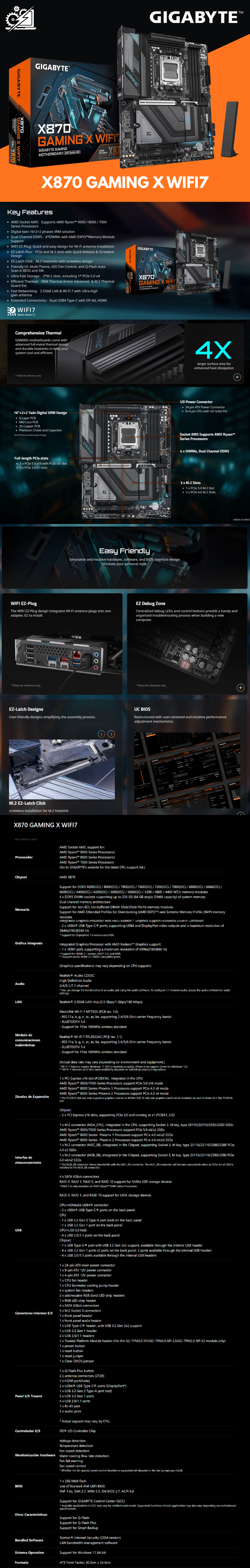 GIGABYTE X870 Gaming X WIFI7 AMD AM5 LGA 1718 Placa Base, ATX, DDR5, 3X M.2, PCIe 5.0, USB4, WIFI7, LAN de 2.5GbE, Cierre EZ