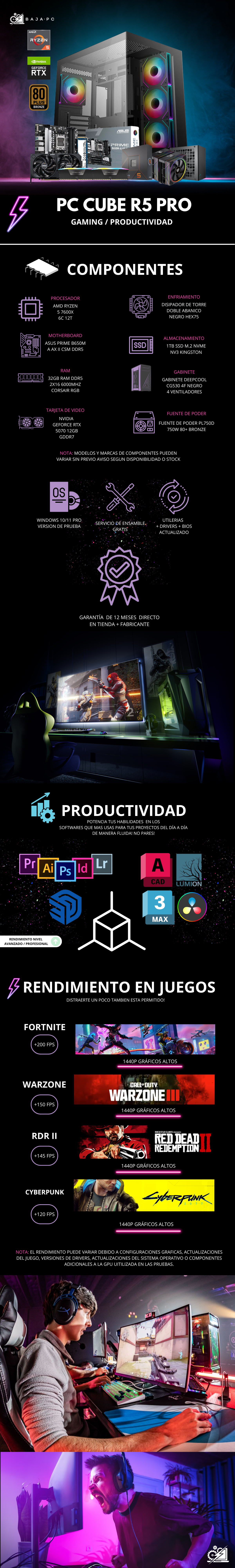 PC CUBE R5 PRO / AMD RYZEN 5 7600X / RTX 5070 / 32GB RAM DDR5 / 1TB SSD M.2 NVME / FUENTE 750W 80+ BRONZE / DISIPADOR DE TORRE DOBLE ABANICO / PROMOCION