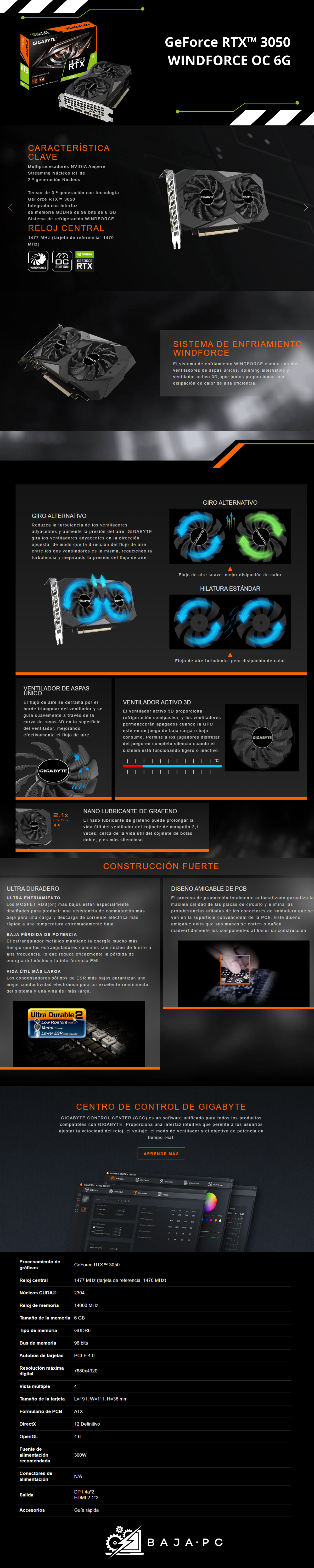 Tarjeta de Video Gigabyte NVIDIA GeForce RTX 3050 WINDFORCE OC 6G / 6GB 96-bit GDDR6 / PCI Express 4.0 / GV-N3050WF2OCV2-6GD/ SOLO VENTA EN ENSAMBLE