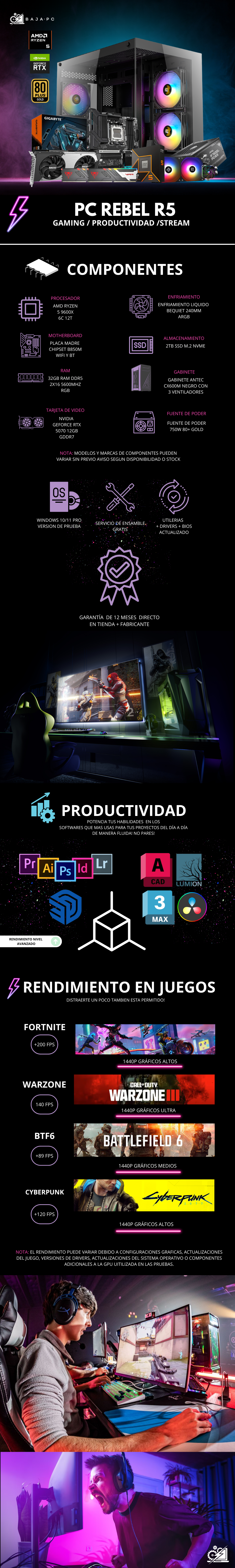 PC REBEL R5 / AMD RYZEN 5 9600X / RTX 5070 / 32GB RAM DDR5/ 2TB SSD NVME / FUENTE 750W 80+ GOLD / ENFRIAMIENTO LIQ 240MM / W11 PRO / PROMOCION