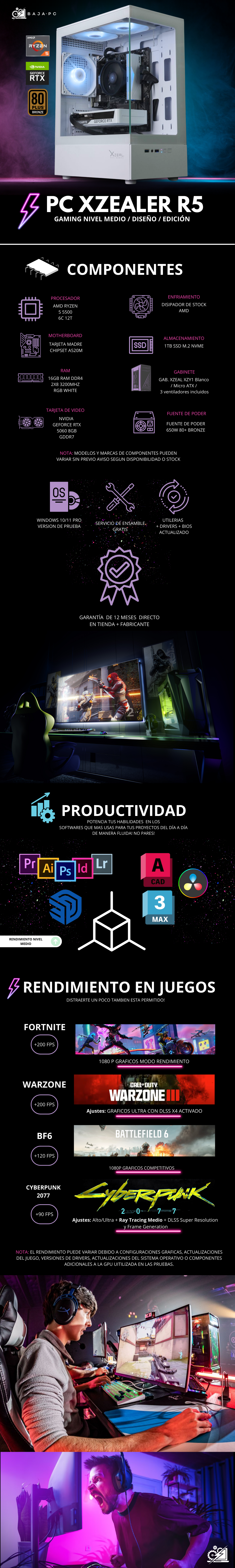 PC XZEALER R5 / AMD RYZEN 5 5500 / RTX 5060 / 16GB RAM / 1TB SSD NVME / A520M / FUENTE 700W 80+ BRONZE / W11 PRO / PROMOCION