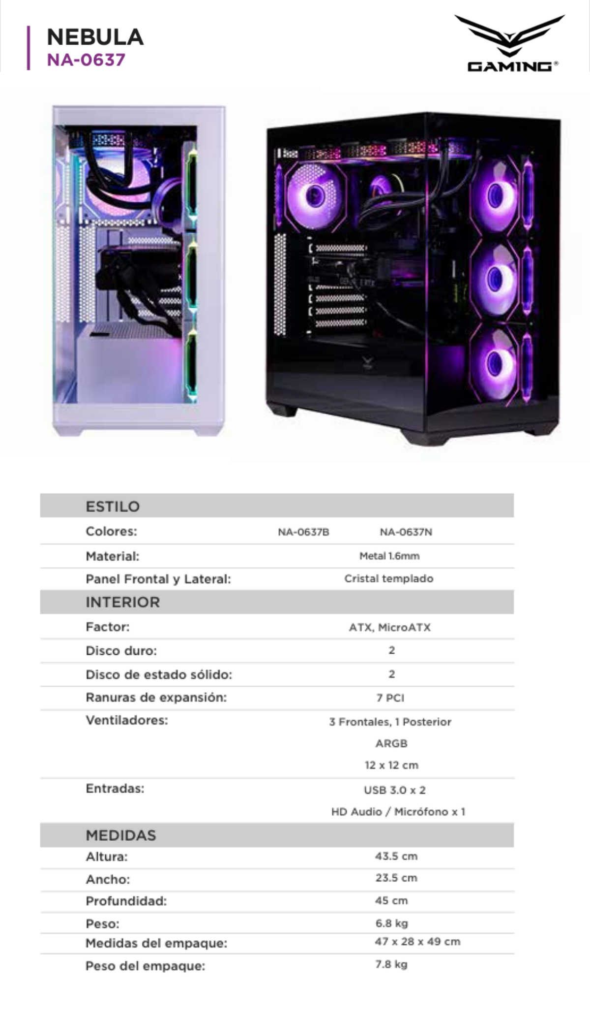Gabinete Naceb Nebula / Cristal Templado / ATX / Blanco / 3 Ventiladores Preinstalados / Led ARGB / USB 3.0 / White / NA-0637B