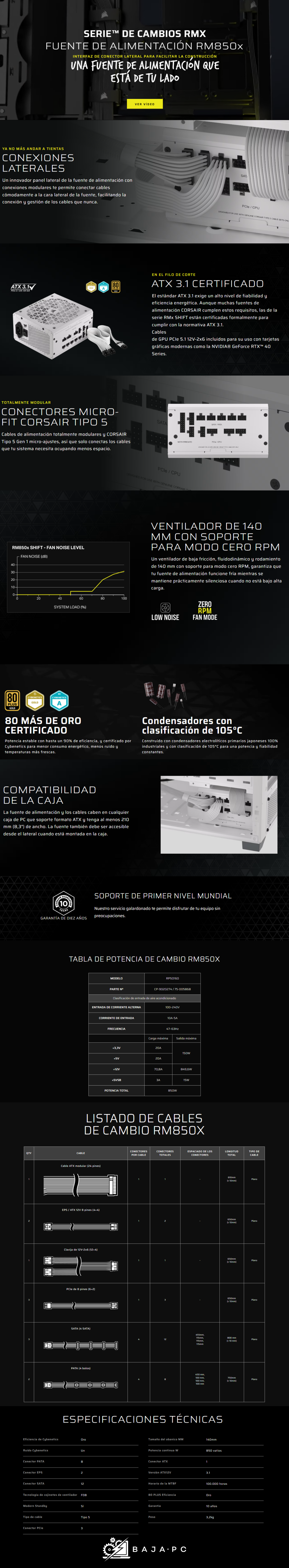 Fuente de Poder Corsair RM850X SHIFT 80+ Gold / Modular / 24-pin / ATX / 140mm / 850W / CP-9020274-NA