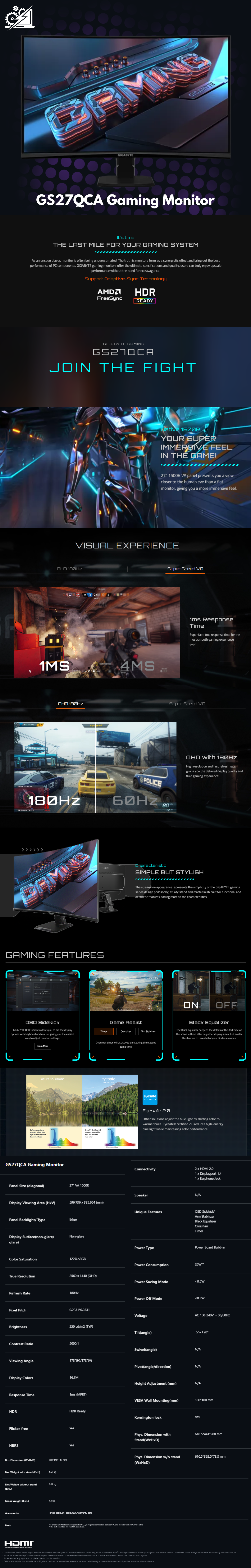 Monitor Gamer Curvo Gigabyte GS27QCA LED 27", 2560x1440, FreeSync, 180Hz, HDMI/DisplayPort, Negro